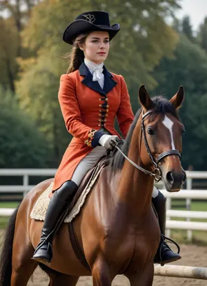 Highly detailed image, bright saturated colors, 8K quality, A girl in a late 18th-century riding outfit sits sideways on a horse in a side saddle, holding a whip in her hand, ((the horse jumps over a barrier))