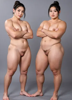 score_9, score_8_up, score_7_up, source_anime, professional photograph of naked female_Sumo_wrestler, (beautiful female only:1.3), from front, (masterpiece, best quality, ultra-detailed:1.2), (full-body_shot), 8K wallpaper, perfect face, perfect anatomy, (hair_bun or pixie-cut or ponytail), black hair, forehead, pale_skin, (2girls, Cute Japanese Sumo young girls), standing, side by side, crossed arms, wide stance, naked, barefoot, (Extremely chubby and muscular:1.3), (big muscles), saggy_breasts, NSFW, on the circle mark, flashy makeup, Japanese-style hair ornament, earrings or ear-piercings, perfect shaved smooth pussy, (simple Mt.Fuji illustration wallpaper in background)