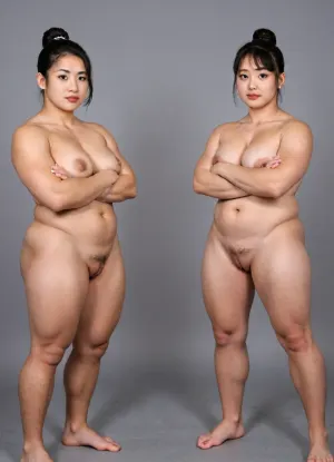 score_9, score_8_up, score_7_up, source_anime, professional photograph of naked female_Sumo_wrestler, (beautiful female only:1.3), from front, (masterpiece, best quality, ultra-detailed:1.2), (full-body_shot), 8K wallpaper, perfect face, perfect anatomy, (hair_bun or pixie-cut or ponytail), black hair, forehead, pale_skin, (2girls, Cute Japanese Sumo young girls), standing, side by side, crossed arms, wide stance, naked, barefoot, (Extremely chubby and muscular:1.3), (big muscles), saggy_breasts, NSFW, on the circle mark, flashy makeup, Japanese-style hair ornament, earrings or ear-piercings, perfect shaved smooth pussy, (simple Mt.Fuji illustration wallpaper in background)