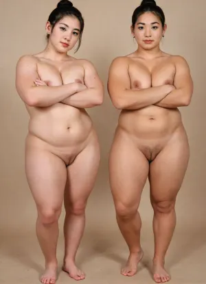 score_9, score_8_up, score_7_up, score_6_up, score_5_up, score_4_up, professional photograph of naked female_Sumo_wrestler, (beautiful female only:1.3), from front, (masterpiece, best quality, ultra-detailed:1.2), (full-body_shot), 8K wallpaper, perfect face, perfect anatomy, (hair_bun or pixie-cut or ponytail), black hair, forehead, pale_skin, (2girls, Cute Japanese Sumo young girls), standing, side by side, crossed arms, wide stance, on the Red circle, naked, barefoot, (Extremely chubby and muscular:1.3), (big muscles, thick hips, thick legs), saggy_breasts, NSFW, flashy makeup, Japanese-style hair ornament, earrings or ear-piercings, (perfect shaved pussy, smooth pussy), (simple Mt.Fuji wallpaper in background)