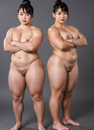 professional photograph of naked female_Sumo_wrestler, (Cute Japanese Sumo girls, 2girls), (beautiful female only:1.3), from front, (masterpiece, best quality, ultra-detailed, super detailed skin, 8k), (full-body_shot), 8K wallpaper, perfect face, perfect anatomy, (hair_bun or pixie-cut_with_bangs or ponytail), black hair, forehead, pale_skin, standing on the Red_circle, side by side, crossed arms, wide stance, naked, barefoot, (Extremely chubby and muscular:1.3), (big muscles, thick hips, thick legs), saggy_big_breasts, NSFW, flashy makeup, Japanese-style hair ornament, earrings or ear-piercings, (perfect shaved pussy, smooth pussy), (simple Mt.Fuji wallpaper in background)