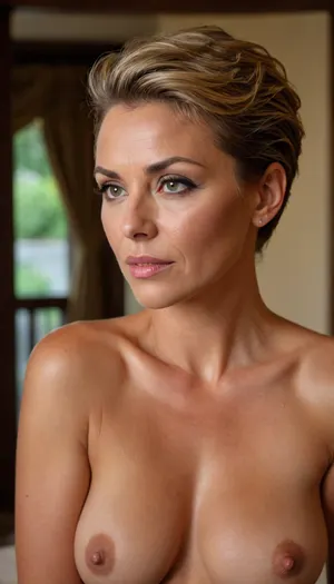 Her Slutness, a spraytanned mature woman with an undercut in a italian luxury lodge