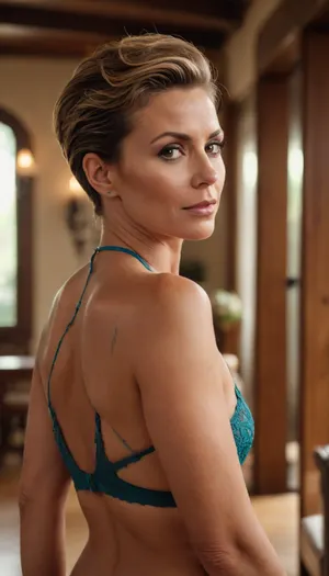 Her Slutness, a spraytanned mature woman with an undercut in a italian luxury lodge