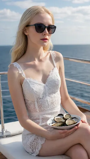 photograph of Me, Fiona, sitting on a luxurious yacht, wearing a very elegant summer dress, pale skin, long hair, fair skin, slim physique, small breasts, sunglasses, eating oysters, ocean in the background, clear blue sky with some clouds, sunny day, boat deck with metal railing, white cushion with grey pattern, relaxed and casual, tropical setting, Canon EOS 5D Mark IV, 50mm lens, f/2.8 aperture, 1/1000s shutter speed, ISO 100, natural light, summer vibes, elegant and sexy, luxurious, leisurely, ocean horizon, calm water, peaceful atmosphere, vacation mood, confident and stylish, casual elegance, fine details in lace, soft light, slight breeze in hair, relaxed posture, a plate with oysters beside her, looking away from camera, serene and tranquil scene