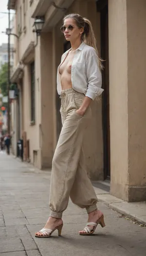 masterpiece, photorealistic, maximum details, an extremely beautiful young girl, natural saggy tits, very slim waist, long straight blonde hair tied to a ponytail, twerking, walking towards camera, ((wearing oversize baggy beige thin pants and white open shirt and round sunglasses, sandals with heels)), flashing tits in public, full body view from below
