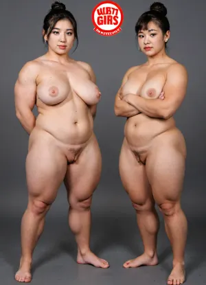 professional photograph of naked female_Sumo_wrestler, (Cute Japanese Sumo girls, 2girls), (beautiful female only), from front, (masterpiece, best quality, ultra-detailed, 8k, 4K), (full-body_shot), 8K wallpaper, perfect face, perfect anatomy, (various_hair-styles, hair_bun or pixie-cut_with_bangs or ponytail), black hair, forehead, pale_skin, standing on the Red_circle, side by side, arms at sides, wide stance, crossed_arms, naked, barefoot, (Extremely chubby and muscular:1.3), (big muscles, thick hips, thick legs:1.2), saggy_huge_breasts, NSFW, flashy makeup, sweat skin, hot, Japanese-style hair ornament, earrings or ear-piercings, (perfect shaved pussy, smooth pussy), (simple Mt.Fuji wallpaper in background), text as "SUMO JAPAN" logo in background