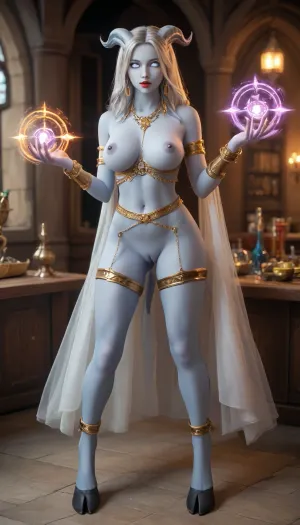 front view, full body view, world of warcraft art, (((world of warcraft female draenei))), standing in stormwind city harbor, (((very light blue skin))), exposed breasts, exposed pussy, lingerie armor, gold garters, gold cuffs, gold necklace, gold body chain, long blowing hair, long flowing silver hair, skinny waist, ((white eyes)), big breasts, pierced nipples, pieced clit, perfect ass, (standing in stormwind), ((partially wearing paladin armor)), ((parially nude)), trimmes pussy, (real skin textuture), high res texture, from front, (dynamic sexy pose), ((healing spell)), magic runes in the air
