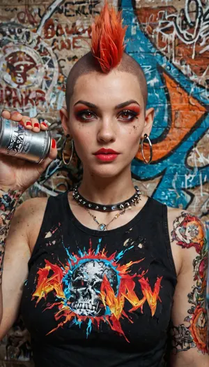A bold portrait of a rebellious woman, her gaze defiant, her eyes fiery and energetic, posing in a vibrant, punk-inspired outfit with ripped denim, leather, and safety pins. The outfit features bold colors, graphic patterns, and metallic accents. The model wears a spiked, mohawk hairstyle, and her face is enhanced with bold makeup. She holds a spray paint can, and her expression is both rebellious and fearless. The background is a graffiti-covered wall with bright, bold colors, enhancing the raw and rebellious style of the portrait.