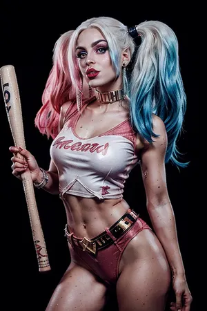 The image depicts the character in a bright and eccentric way. She has two-colored pigtails, one half of her hair is dyed pink and the other half is blue. Her clothing includes a white T-shirt with torn details and the words “Daddy's Lil Monster”, a red and blue satin bomber jacket, sparkly shorts in red and blue, fisherman's tights, and accessories such as a wide studded belt, a golden choker, and rings. In her hands she holds a baseball bat that looks like a prop. The makeup is focused on red lipstick and expressive eyes that emphasize her daring look. The atmosphere in the background is nighttime, with a barely lit city street that complements her hooligan style., blonde, hair, twintails, short, shorts, pantyhose, crop, top, makeup, midriff, navel, fishnets, multicolored, clothes, collar, Harley, Quinn, <lora:HarleyQuinnModernv2-000003:.5>, <lora:more_details:.5>, <lora:CutePussyVer2S:.5>, <lora:Harley Quinn2:.5>