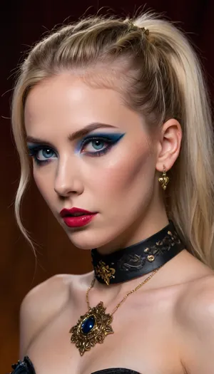 Young adult female, Caucasian features, with vibrant, electric blue and blonde hair styled in pigtails. Detailed, dramatic makeup, with streaks of crimson red paint simulating blood, accented with blue and gold eyeshadow. Intense blue eyes, full, red lips, and a mischievous, slightly sinister expression. A black leather choker, or collar, encircles her neck, and intricate, ornate, gold-toned earrings adorn her ears. Visible tattoo with dark ink design on her shoulder, partially visible text with style hinting at a graphic design influence. Dark black top, with a somewhat revealing neckline, and detailed bodice. The overall style is dramatic, theatrical, and reminiscent of a comic book or graphic novel. The lighting highlights her face and chest area, creating dramatic highlights. Deep saturation of colors. A painterly style, blurred background, soft-focus elements. The background has a soft pink gradient, splattered with red, creating a dramatic contrast against the figure. The composition is centered, focusing attention on the subject, using a medium close-up angle that draws attention to the face and detailed makeup. The emotional tone is mysterious and alluring, with touches of darkness and mischief.