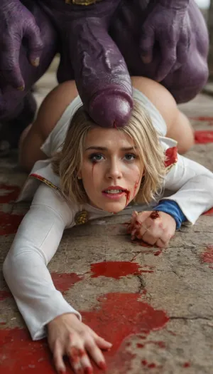 (score_9, score_8_up, score_7_up, masterpiece, high quality, cinematic, 8k, UHD, high realism, highest detail, natural lighting), artstation, (epic realism:1.1), (HDR:1.1), intricate details, photorealistic, Powergirl from DCU, 30yo, (wearing Powergirl uniform with cape), Mauve male Thanos, (Thanos from DCU:1), ((the head of the massive cock kissin the ass entrance)), (Thanos with giant cock out), ((huge massive cock:1.5)), (Powergirl is uncounsious), ((Powergirl is laying on the ground)), (female is defeated), (she is knocked out), (((one eye wide open and one eye is closed))), (((lot of blood is dripping from her mouth:1.9))), (((hematomas on face:1.9)), (contusion on face:1.9), (thick tears:1.8)), (black eye:1.9), ((desperate expression)), Blood_Covered, <lora:add-detail-xl:.8>, <lora:CinematicStyle_v1:.8>, <lora:MJ52:1.1>