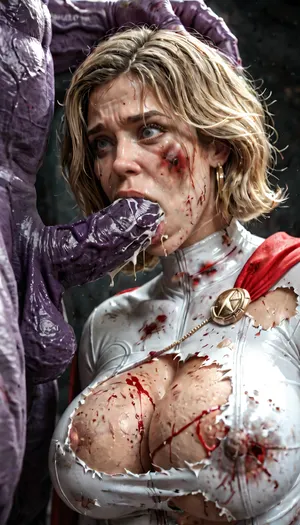 Powergirl, 20 years old, stunningly beautiful face, wearing torned clothes, Powergirl uniform ripped, bruised body, abrasions on the body, beaten body, bloody cuts on the body, many wounds on the body, with a beautiful face, with big breasts 5 sizes bigger, big fat ass 4 sizes, big fat hips, beaten whore, fat belly, Powergirl has horror, fear in her eyes, exhausted face, sadness in her gaze, screams in pain, blood flows from her mouth, blood wipes from her mouth, the look of a dirty whore, disheveled hair, dirty hair, dirty body, sweaty body, the observer looks up, the observer looks from the ground, she is forcing to give a blowjob to Thanos, (Thanos from dcu), huge mauve dick, forced blowjob