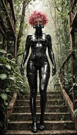 Full-body shot of a woman in a black latex catsuit wearing a large gas mask, no helmet. She is standing at the top of the stairs. Shot with a Canon EF 24-70mm f/2.8L IS USM lens. Snapshot of amorphous creatures in haute couture that are a hybrid of plant, tree, animals, seeds, bacteria A pink-haired girl in black stockings sits on the skeleton of an animal, in the anime style, with a white background, concept art in the style of Akihiko Yoshida, Nyo Saito, Yoji Shinkawa and Fumio Mprix, trending on Artstation
