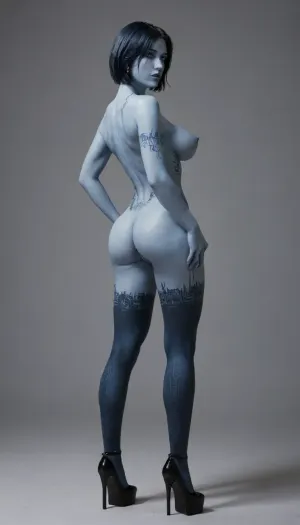 blue skin, blue hair, Cortana from Halo, Cortana robotized, robot Cortana, all shiny Cortana, big breasts, all of her body is shiny metallic, having naked pussy who squirting, very high platform heels, sultry look, in one shoe, without shoes, in high heels, barefoot, swollen anus, leaking pussy, very long legs, narrow hips, narrow calves, swollen labia, upset mind, trembling, a scared expression on her face, gloves pulled up to her elbows, garter, standing, full body view, side view, rear view, shows ass