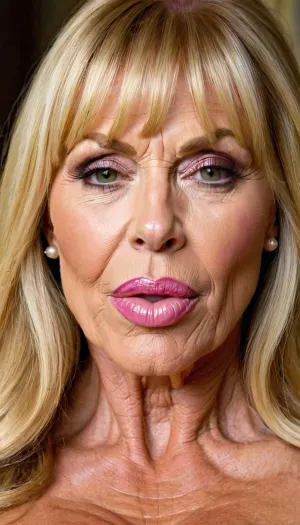 shiny blonde very long blunt bangs hair, gilf bigger mouth, vulgar bigger lips, much muscle stiration, bigger lips, big mouth, strong big botox lips, close up mouth, naked happy swedish muscle milf, wrinkled face, old wrinkled body, just face, pink lips, boobs, closing her broad mouth, smokey eyes, kissing lips