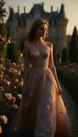 Fairytale-like female model in a pastel gown, walking through a blooming black rose garden in front of an old European castle, soft petals falling around her, classical fountain nearby, timeless romance, warm afternoon glow

naked boobs, naked pussy, pubic hair, <lora:MJ52:.8>