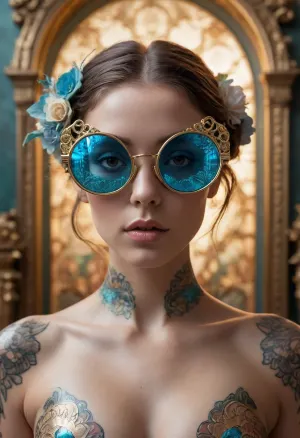 A highly detailed photograph capturing a Symetrical ultra Close up of a female body, Future floral mirror glazed, Binocular shaped sunglasses, showcasing an intricate blend of futurism and rococo elements. The subject is adorned with cyber tattoos that glow with a futuristic lighting effect, adding a layer of complexity and modernity to the traditional rococo style. The portrait features detailed, futuristic Fibonacci-inspired jewelry, meticulously crafted to highlight the mathematical beauty of nature. The model is posed in profile, allowing the viewer to appreciate the fine details and craftsmanship of the accessories. The photograph is hyper-photorealistic, with a crisp quality that brings out every nuance and texture, making it a stunning example of digital photography. This image is trending on Pinterest, capturing the essence of cinematic storytelling with its 16K ultra HD resolution. The artwork is inspired by the styles of renowned artists such as Pascal Blanche, Greg Rutkowski, and Artgerm, combining their unique aesthetics to create a truly captivating piece.