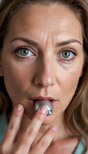 Photo of a pretty woman with beautiful eyes, ((Nikon Z8)), realistic matte skin, wrinkles, skin texture visible, cleavage, saggy, (sharp focus), (high quality), (face visible), ((Detailed Face and Eyes)), ((Norwegian Scandinavian woman)), ((full-frame photo)), lustful eyes, (long brown hair with silver streaks), (highly detailed hair), (realistic), soft focus, analog look, insanely detailed, highest quality, green eyes, looking at viewer, (realistic:1.3), (shadows:.9), film camera, analog, photo, film grain, realistic face, perfect face, Photo of a 65 year old mature woman licking a penis, <lora:chest_adjust:.7>, <lora:add-detail-xl:.8>, <lora:DetailedEyes_V3:.5>