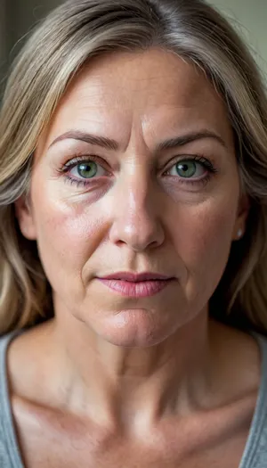 Photo of a pretty woman with beautiful eyes, ((Nikon Z8)), realistic matte skin, wrinkles, skin texture visible, cleavage, saggy, (sharp focus), (high quality), (face visible), ((Detailed Face and Eyes)), ((Norwegian Scandinavian woman)), ((full-frame photo)), lustful eyes, (long brown hair with silver streaks), (highly detailed hair), (realistic), soft focus, analog look, insanely detailed, highest quality, green eyes, looking at viewer, (realistic:1.3), (shadows:.9), film camera, analog, photo, film grain, realistic face, perfect face, Photo of a 65 year old mature woman, RAW photo, subject, (fine skin detail:1.1), 8k UHD, soft light, high quality, Fujifilm XT3, dynamic angle, (fat, obese, Fat, with a excited fat face, wrinkles, sagging, small breast), <lora:chest_adjust:.7>, <lora:add-detail-xl:.8>, <lora:DetailedEyes_V3:.5>