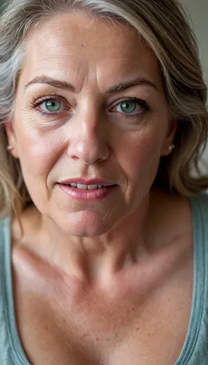 (male pov, holding penis), Photo of a pretty woman with beautiful eyes, ((Nikon Z8)), realistic matte skin, wrinkles, skin texture visible, cleavage, saggy, (sharp focus), (high quality), (face visible), ((Detailed Face and Eyes)), ((Norwegian Scandinavian woman)), ((full-frame photo)), lustful eyes, (long brown hair with silver streaks), (highly detailed hair), (realistic), soft focus, analog look, insanely detailed, highest quality, green eyes, looking at viewer, (realistic:1.3), (shadows:.9), film camera, analog, photo, film grain, realistic face, perfect face, Photo of a 65 year old mature woman, RAW photo, subject, (fine skin detail:1.1), 8k UHD, soft light, high quality, Fujifilm XT3, dynamic angle, (fat, obese, Fat, with a excited fat face, wrinkles, sagging, small breast), <lora:add-detail-xl:.8>, <lora:DetailedEyes_V3:.5>