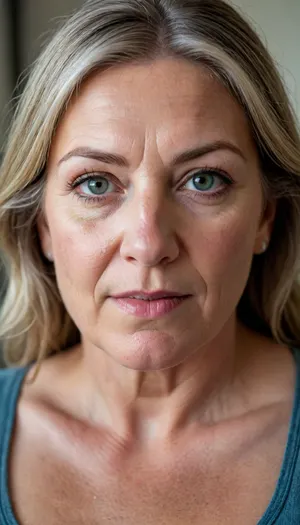 Photo of a pretty woman with beautiful eyes, ((Nikon Z8)), realistic matte skin, wrinkles, skin texture visible, cleavage, saggy, (sharp focus), (high quality), (face visible), ((Detailed Face and Eyes)), ((Norwegian Scandinavian woman)), ((full-frame photo)), lustful eyes, (long brown hair with silver streaks), (highly detailed hair), (realistic), soft focus, analog look, insanely detailed, highest quality, green eyes, looking at viewer, (realistic:1.3), (shadows:.9), film camera, analog, photo, film grain, realistic face, perfect face, Photo of a 65 year old mature woman, RAW photo, subject, (fine skin detail:1.1), 8k UHD, soft light, high quality, Fujifilm XT3, dynamic angle, (fat, obese, Fat, with a excited fat face, wrinkles, sagging, small breast), <lora:add-detail-xl:.8>, <lora:DetailedEyes_V3:.5>