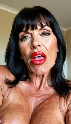 mouth sinful, vulgar style, happy relaxed milf, shiny black very long blunt bangs hair, make up, granny much muscle stiration, bigger lips, broad mouth, looking sinful satisfied, close up mouth, much muscle stiration, naked happy swedish muscle milf, wrinkled face, old wrinkled body, just face, red lips, boobs, kissing, <lora:pyroV4-256:.8>