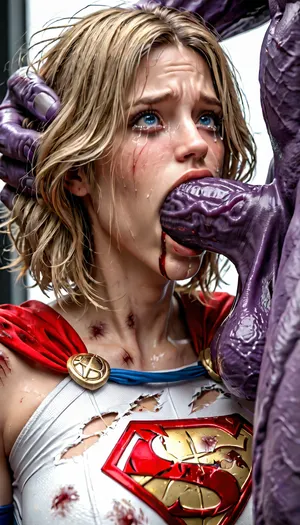 Supergirl, 20 years old, stunningly beautiful face, wearing torned clothes, Supergirl uniform ripped, bruised body, abrasions on the body, beaten body, bloody cuts on the body, many wounds on the body, with a beautiful face, with big breasts 5 sizes bigger, big fat ass 4 sizes, big fat hips, beaten whore, hard abs, Powergirl has horror, fear in her eyes, detailed blue eyes, exhausted face, crying, sadness in her gaze, screams in pain, blood flows from her mouth, blood flows from her nostrils, blood wipes from her mouth, the look of a dirty whore, disheveled hair, dirty hair, dirty body, sweaty body, the observer looks up, the observer looks from the ground, she is forced to give a blowjob to Thanos, (Thanos from dcu), huge mauve dick, forced blowjob, deep in throat, throat bulge, huge sagging balls, massive thick dick, top of dick is pushing inside her cheek, cheekjob, puffy cheek