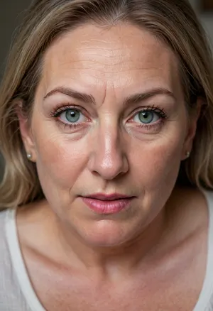 Photo of a pretty woman with beautiful eyes, ((Nikon Z8)), realistic matte skin, wrinkles, skin texture visible, cleavage, saggy, (sharp focus), (high quality), (face visible), ((Detailed Face and Eyes)), ((Norwegian Scandinavian woman)), ((full-frame photo)), lustful eyes, (long brown hair with silver streaks), (highly detailed hair), (realistic), soft focus, analog look, insanely detailed, highest quality, green eyes, looking at viewer, (realistic:1.3), (shadows:.9), film camera, analog, photo, film grain, realistic face, perfect face, Photo of a 65 year old mature woman, RAW photo, subject, (fine skin detail:1.1), 8k UHD, soft light, high quality, Fujifilm XT3, dynamic angle, (fat, obese, Fat, with a excited fat face, wrinkles, sagging, small breast), <lora:add-detail-xl:.8>, <lora:DetailedEyes_V3:.5>, downblouse, nipslip, <lora:RealDownblouseXL2:.8>