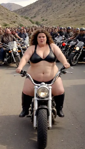 Full body, 1woman, fat obese overweight, Chubby curly-haired burning brunette biker woman, (Bangs fall down on the forehead), of middle age on a big, hard motorcycle in a mountains, no bra, Surrounded by a crowd of hairy and bearded bikers, ivening, megachubsdxl, morbidly, obese, <lora:megachubsdxl_13:.8>
