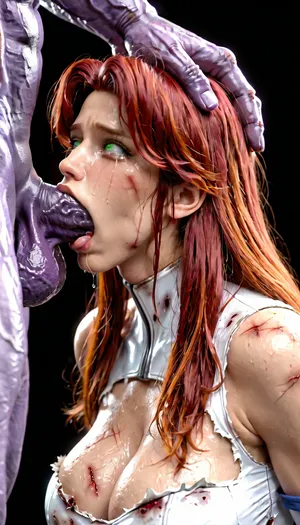 Starfire, 20 years old, stunningly beautiful face, wearing torned clothes, Starfire classic uniform ripped, bruised body, abrasions on the body, beaten body, bloody cuts on the body, many wounds on the body, with a beautiful face, with big breasts 5 sizes bigger, big fat ass 4 sizes, big fat hips, beaten whore, hard abs, Powergirl has horror, fear in her eyes, detailed glowing green eyes, exhausted face, crying, sadness in her gaze, screams in pain, blood flows from her mouth, blood flows from her nostrils, blood wipes from her mouth, the look of a dirty whore, disheveled hair, dirty hair, dirty body, sweaty body, the observer looks up, the observer looks from the ground, she is forced to give a blowjob to Thanos, (Thanos from dcu), huge mauve dick, forced blowjob, deep in throat, throat bulge, huge sagging balls, massive thick dick, top of dick is pushing inside her cheek, cheekjob, puffy cheek