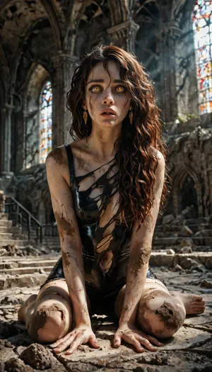 a slender feral woman crawling on cracked marble floor of a destroyed cathedral, barefoot, dirt-covered skin, torn latex remnants barely clinging to her body, wild tangled hair, glowing amber eyes staring up, bloodied knuckles, subtle wounds, gothic ruins, thick dusty air, deep golden evening light through broken arches, dramatic shadows, erotic tension, dark surreal fantasy, hyperrealistic, cinematic mood