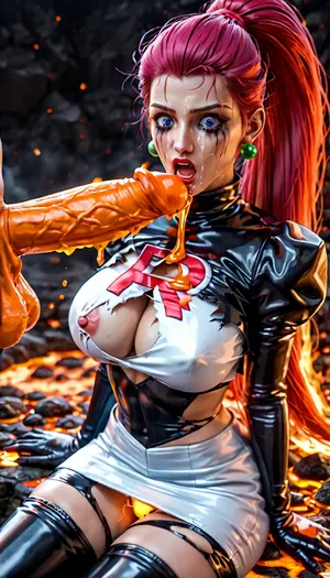 (Photorealistic), (Pokémon’s Team Rocket Jessie), (Pokémon’s Jessie Team Rocket outfit:1), she is 30, Jessie wears a white mini skirt and black knee high boots, (very long magenta hair styled in a high side-swept coil), (large blue eyes), big disney eyes, (((shocked expression))), (ruined mascara by tears:1.5), huge breasts, erected pink nipples, (one breast falling out of top), she is getting a lava facial by a giant Charizard, cum is magma, (male is Charizard from Pokemon), (giant orange penis:1.5), giant penis is projecting burning lava on Jessie's face, (huge massive sagging balls), facial, cumshot, projectile cumshot, lava cum dripping from giant penis, lots of lava cum, lava cum split is burning her clothes, (burning clothes), (ripped:1.3), trained body, (lava cum:1), (magma cum), (orange cum:1), (((lava is burning jessie's hair))), ((Jessie is covered of magma)), (ultra, HD, quality, details), <lora:315758_training_data:1.1>, <lora:add-detail-xl:.9>, <lora:Mezzo_Slime-000006:.8>