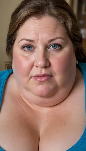 (obese:1.5), mature Woman named Lubica, stepaunt, gilf, fat, bbw, 65 year old mature women, brown hair with layered highlights, bright blue eyes, looking at viewer, ruddy cheeks, wrinkles, Chubby, Plump, Fat, Rolls, ultra realistic professional photography, detailed skin, detailed eyes, wrinkled face, (stretchmarks), RAW photo, subject, (fine skin detail:1.1), 8k UHD, soft lighting, high quality, film grain, Fujifilm XT3