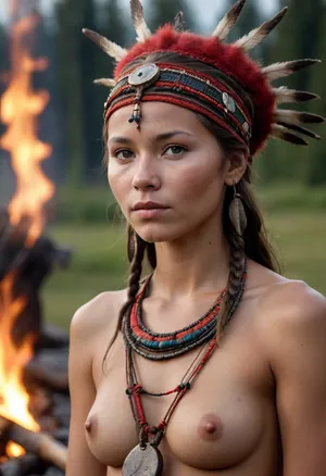 High quality image, photorealistic, super detailed, masterpiece, 8K, midnight sun, incredibly skinny, young native sami woman, shaman, traditional headwear, near a fire, nipple slip, front view, super quality