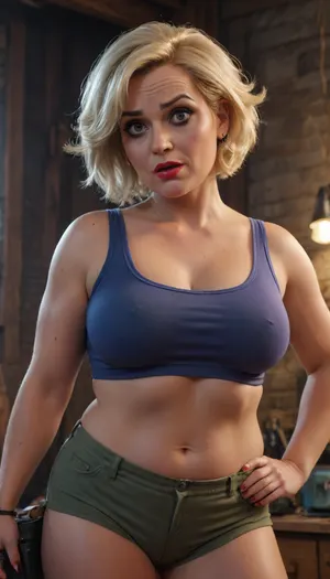 A cartoon Pin-up curvy Georgian tourist women 50 yo, in Wasterland, (scared attitude:1.1), in tank top and shorts, ((completely clothing)), (view from side), blonde messy bob side haircut, ((makeup:1.4)), 1/2 length view, (4K, high resolution, best quality), fnvlegionslave, Wasteland, clothes, (Style, Classic Cartoon Animation, 2D Animation, Cel Animation Lighting, Flat, Even Lighting Composition, Medium Shot, centered Details, Bold Outlines, Simple Shading, Expressive Facial Features, Wondering Expression Quality, High Quality Cartoon, Vibrant Colors), <lora:xl_more_art-full_v1:.8>