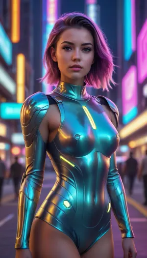 an image picture of a young beautiful gorgeous woman wearing futuristic glowing armor combined with cute minidress, gentle expression, revealing clothes, translucent nipples, unique hairstyle, colorful, neon realism, model pose, futuristic neon city, <lora:NeonifyV2-4Extreme:.5>, <lora:606067_training_data:.8>
