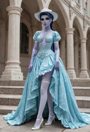 ((((widowmaker blue skin only one long braid)))), 19th century, a very beautiful aristocrat, white cap, white stockings, elegant ladies' shoes, narrow hips, beautiful blue dress, raised hem of her dress, stockings are visible, Victorian, (((Medium view)))