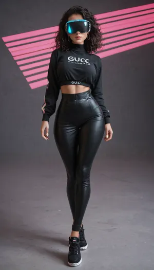 Detailed synthwave fashion illustration, Gucci VR headset visor in stunning model, full body view, wide hips, slender