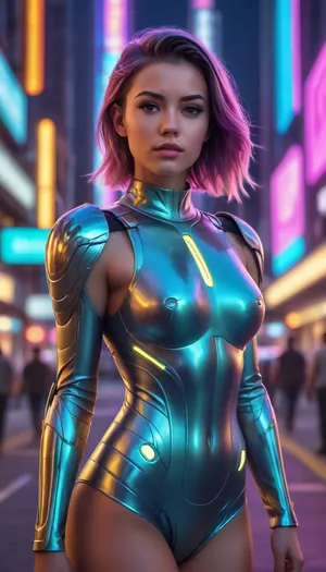 an image picture of a young beautiful gorgeous woman wearing futuristic glowing armor combined with cute minidress, gentle expression, revealing clothes, translucent nipples, unique hairstyle, colorful, neon realism, model pose, futuristic neon city, <lora:NeonifyV2-4Extreme:.5>, <lora:606067_training_data:.8>