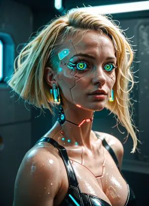 blonde, cyberpunk, remade in slut robot, extreme body modification, heavy body remodelling, brainwashing, light outlines body shapes, extremly dark ambiance