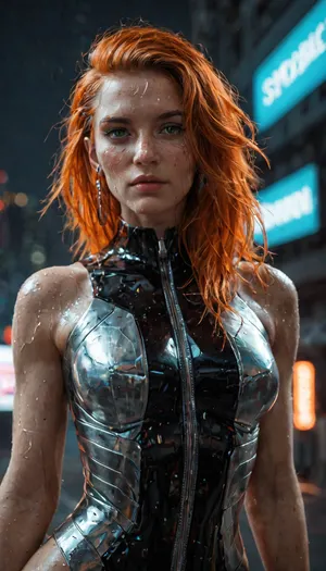 A stunningly beautiful woman with short, bright orange hair styled in a sleek, futuristic bob with jagged edges. Her skin is flawless, glowing with a subtle golden undertone, and her piercing green eyes are filled with determination and curiosity. She has a petite, athletic frame dressed in a form-fitting, futuristic white outfit with metallic accents. The background is a high-tech cityscape with neon lights and towering skyscrapers, reflecting a vibrant, cyberpunk atmosphere. Her expression is intense, as if she's ready to take on an extraordinary mission. The lighting emphasizes the intricate details of her face, including fine freckles across her nose and a faint sheen of sweat, suggesting she's been in action. Rendered in ultra-high definition with hyper-realistic textures and vibrant colors, capturing every tiny detail of her features, clothing, and the futuristic environment around her.