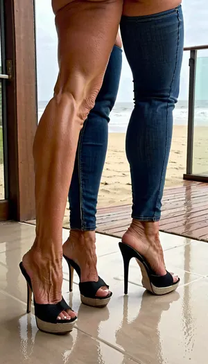 jeans, squatting gilf broad legs, just close up long legs, wearing a jeans pant, gilf woman, naked pussy, very old bodybuilding body, big pussy labia, muscular legs in black stiletto platform mules high heels, from back view, muscles stiration, stand broad, strong calves, in penthouse, close up feets, platform mules, on a tield floor, mules, on the beach in the rain, skirtlift, wearing a jean, <lora:skirtlift_xl:.8>