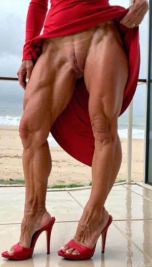 standing milf, just close up long legs, wearing a summer skirt, gilf woman, naked pussy, very old heavy strong massive bodybuilding body, big pussy labia, muscular legs in red stiletto platform mules high heels, muscles stiration, strong calves, in penthouse, close up feets, platform mules, on a tield floor, mules, on the beach in the rain, skirtlift, <lora:skirtlift_xl:.8>