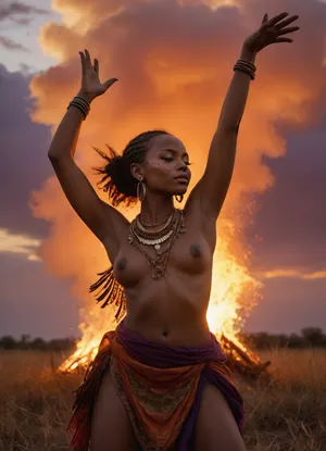 (masterpiece, best quality, ultra-detailed, cinematic lighting, 8k), backlighting from the setting sun, huge bonfire casting warm glow, volumetric smoke and dust particles, young African woman dancing near huge bonfire, (Nubian:1.2), covered in tattoos, traditional clay beads necklace, large hoop earrings, leather and bead armbands, raffia skirt, (loincloth), ritual paint on face, bold geometric stripes across cheeks and forehead, arms raised reverently towards the sky, eyes closed in deep trance, adorned with vibrant feathers, small bones, shells, Savanna landscape, golden tall grass, acacia trees silhouetted against the fiery sunset sky, deep orange and purple colors, dramatic clouds, raw beauty