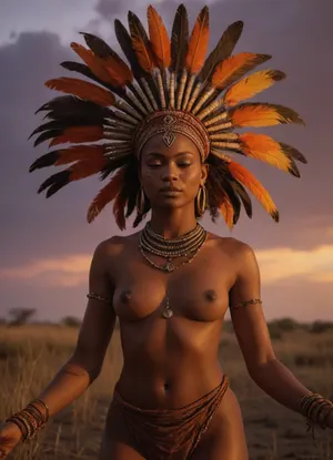 (masterpiece, best quality, ultra-detailed, cinematic lighting, 8k), huge bonfire on background, volumetric smoke and dust particles, young African woman dancing near huge bonfire, (Nubian:1.2), well-defined muscules, nude, tattoos, traditional clay beads necklace, large hoop earrings, leather and bead armbands, (ritual paint on face, bold geometric stripes across cheeks and forehead), arms raised reverently towards the sky, eyes closed in deep trance, headdress adorned with vibrant feathers, small bones, shells, Savanna landscape, golden tall grass, backlighting from the setting sun, fiery sunset sky, deep orange and purple colors, dramatic clouds, raw beauty