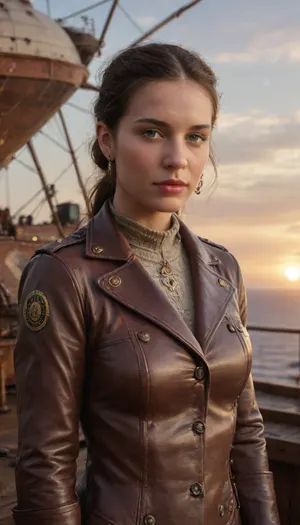 1girl, solo, steampunk airship captain, leather aviator outfit, holding brass telescope, standing on airship deck, sunset background floating islands in sky steam pipes, mechanical gears, distant airships, (half body view:1.85), full clothed, (ultra realistic, masterpiece:1.2), (high detailed skin:1.1), (high quality:1.1)