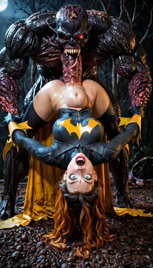 (Batgirl from DCU), (wearing Batgirl outfit with cape), (detailed face), (terrified expression), (horror screaming), crying, Batgirl laying on her back on the ground, barbed penis, thick monster cock, giant horror with rigged penis, giant horror, horror huge cock, large breast, with extremely monstrous massive thick cock, sweaty, massive cock, colossal cock, cock bigger than woman, full body enormous cock, massive cocks with massive circumference, larger male, huge ridged penis, assfucked by giant ugly space monster, giant ugly space monster pounding, grabbing hair, anal fucking, anal sex, anal penetration, monster with extremely monstrous massive thick cock, beast, mating, cock bigger than full body enormous cock, x ray internal shot, stomach bulge