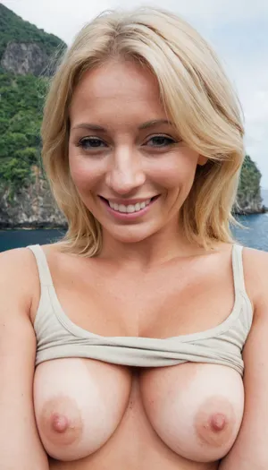 Realistic portrait, ugly unattractive blonde, boobs, shy smile, scenic island