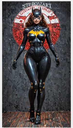 Large white border all round. Overlay Japanese type. A poster with of batgirl in tokyo, cyberpunk art by Maciej Kuciara, cgsociety, deconstructivism, darksynth, behance hd, dystopian art. full body, thick thighs, wide hips