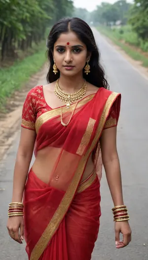 A sexy indian bhabhi standing on a village road, she is wearing a red transparent expensive saree with gold embroidery, her hairs are open, gold chain in her neck, sindur, bangles, asking for a lift